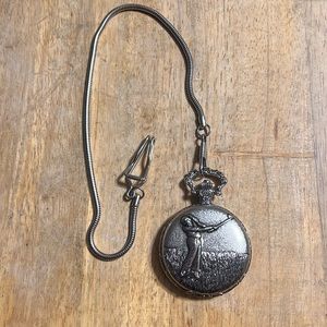 Geneva Filigree Golf Silver Tone Pocket Watch